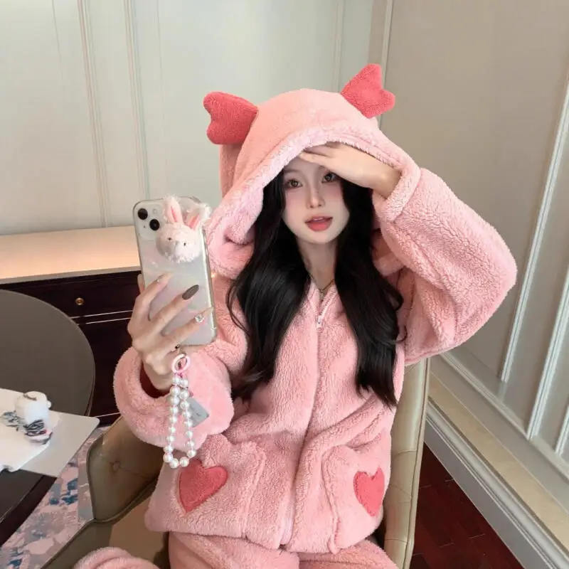 

Female Coral Fleece Pajamas Suit Autumn Winter Cute Girls Thicken Warm Homewear New Woman Pocket Flannel Lounge Clothes Suit