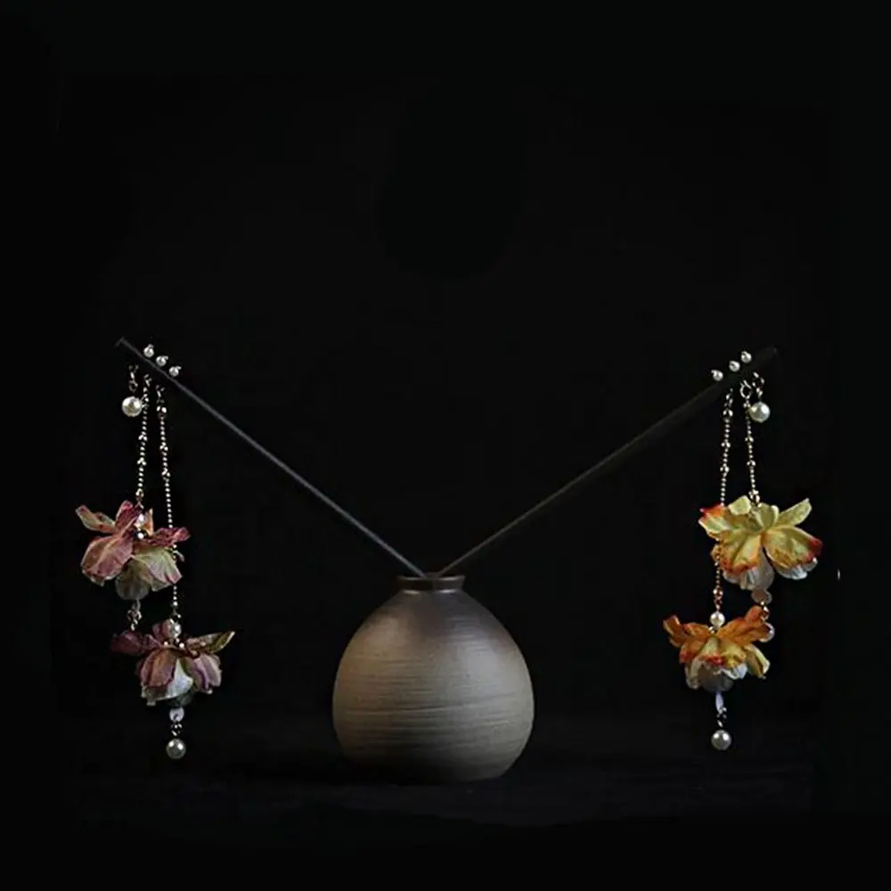 Wood Glow Hairpin Flower Cloth Tassel Chinese Style Hair Accessories Hanfu Hair Sticks Wooden Hairpin Ancient Style Hairpin