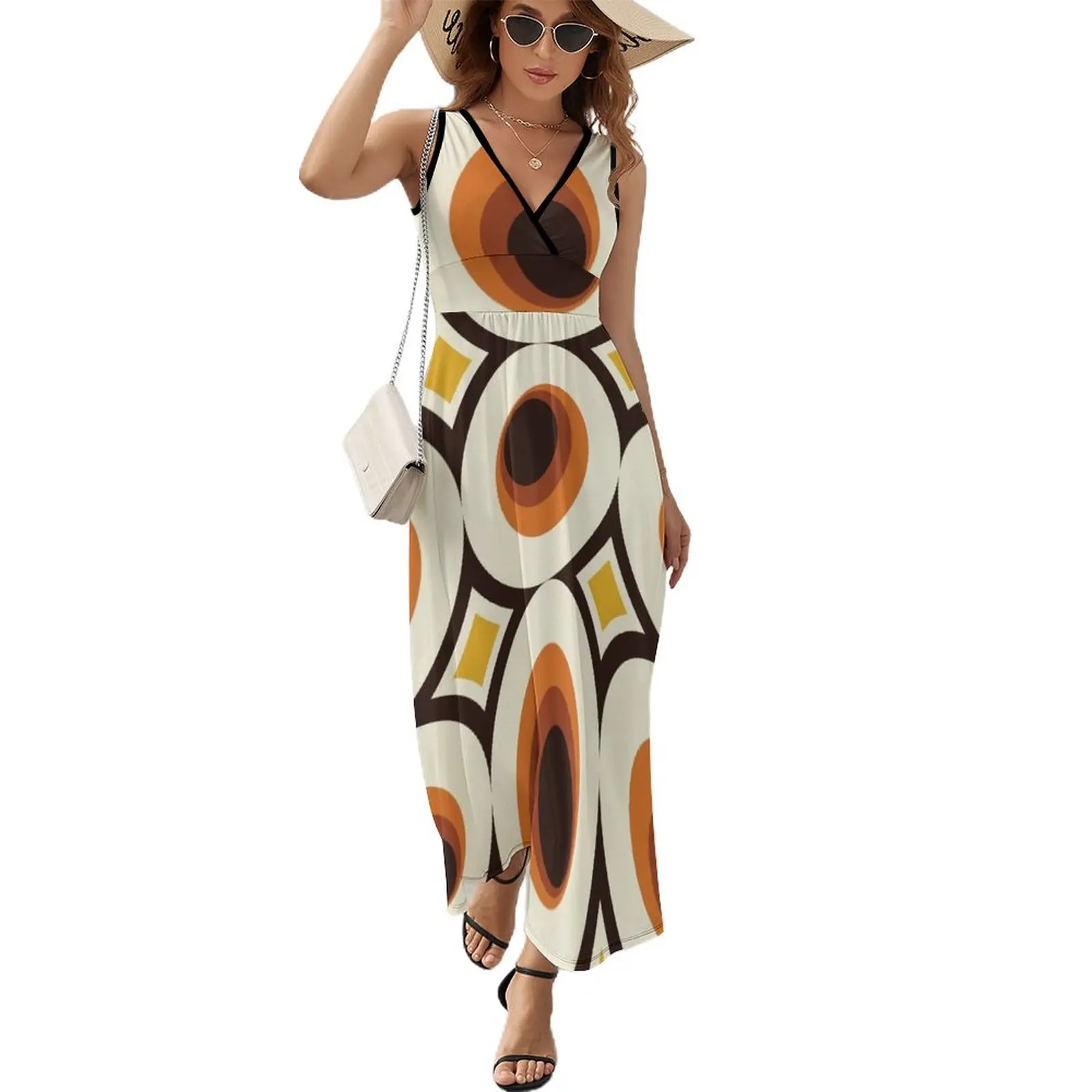 

1970s Orange Mid-Century Modern Circle 1 Sleeveless Dress dress women summer dresses for womens