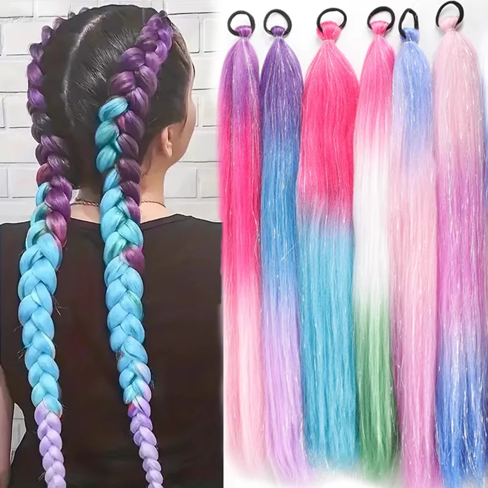 

Braiding Hair Extensions Synthetic Colorful Braid Ponytail Extension With Hair Tinsel 26 Inch Jumbo Ponytail For Women