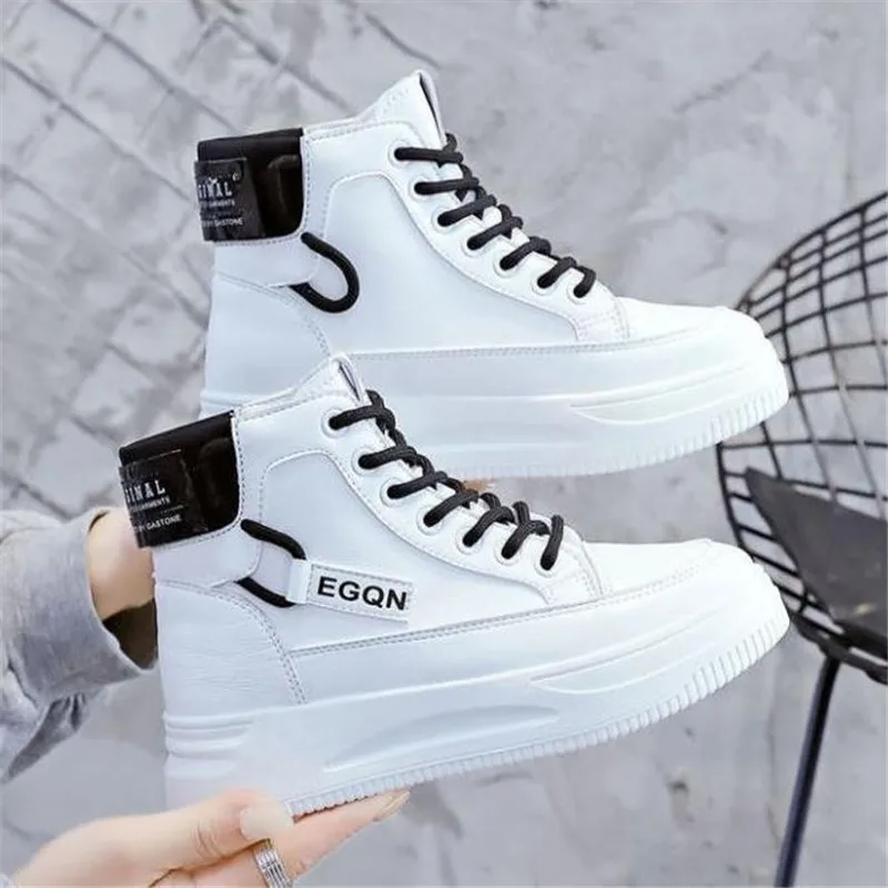 Women Platform Sneakers White High Top Vulcanize Shoes Leather Chunky Casual Shoe Fashion Autumn Leisure Flats Women\'s Sneaker