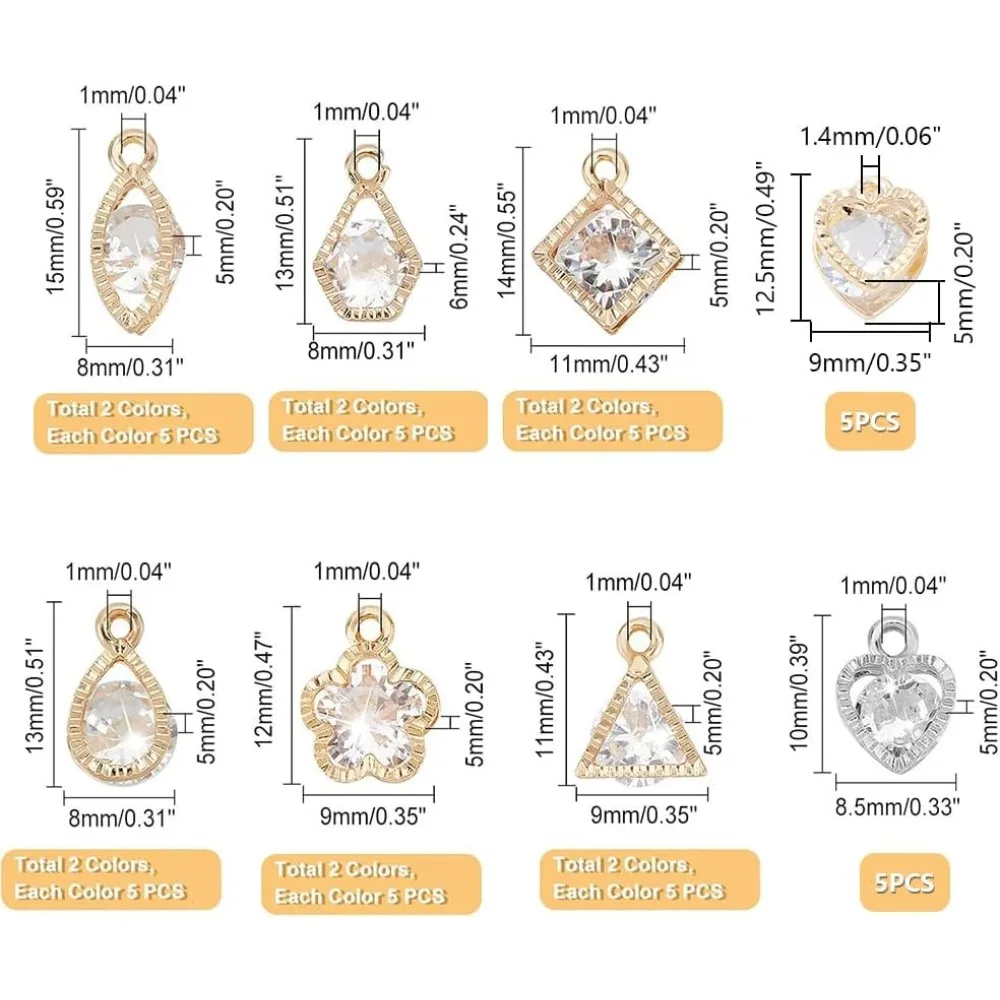 70 قطعة 7 أنماط سبائك زركونيا السحر الذهبي الفضة القلب/زهرة/عين الحصان/الدمعة/مثلث سحر مجموعات لسوار القرط #5