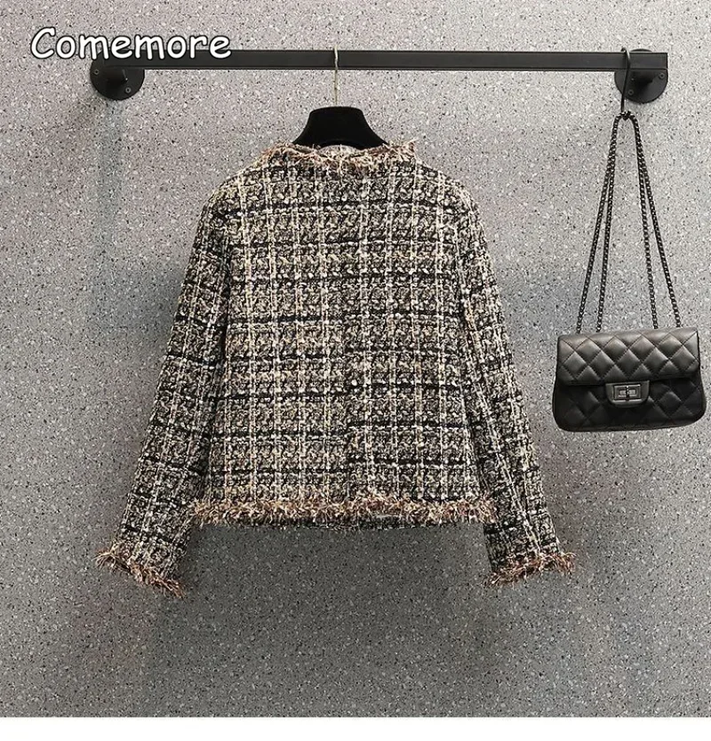 Comemore 2023 New Autumn Vintage Tweed Jacket Coat Women Patchwork Korean Cropped Coats Elegant Short Outerwear Winter Clothes