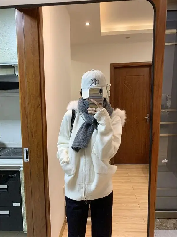 Thickened Knitted Open Cardigan Women's Autumn Winter New Style Warm Outerwear Loose Lady Lazy Style Zipper Sweater with Fur ...