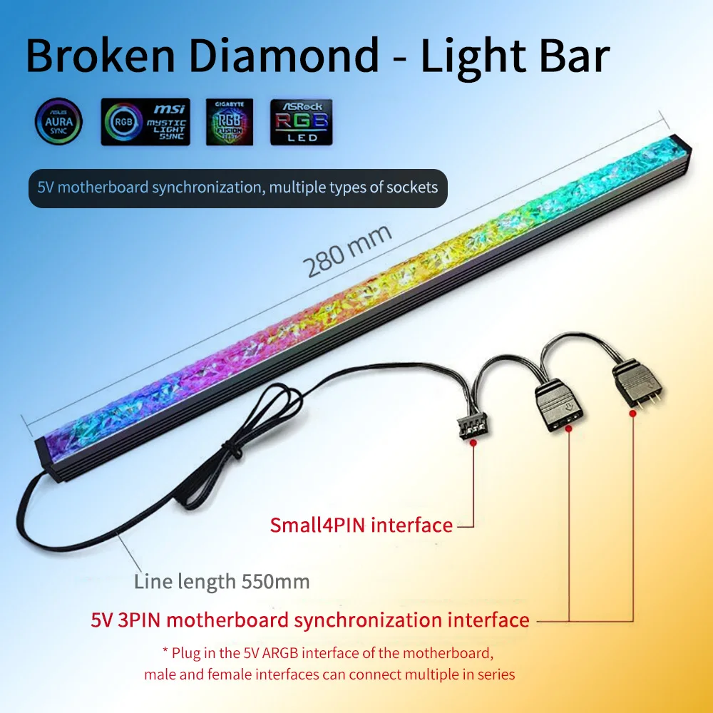 Moda argb led luz de tira 5v 3pin pequeno diamante magnético colorido atmosfera diy barra lâmpada para pc computador caso chassi