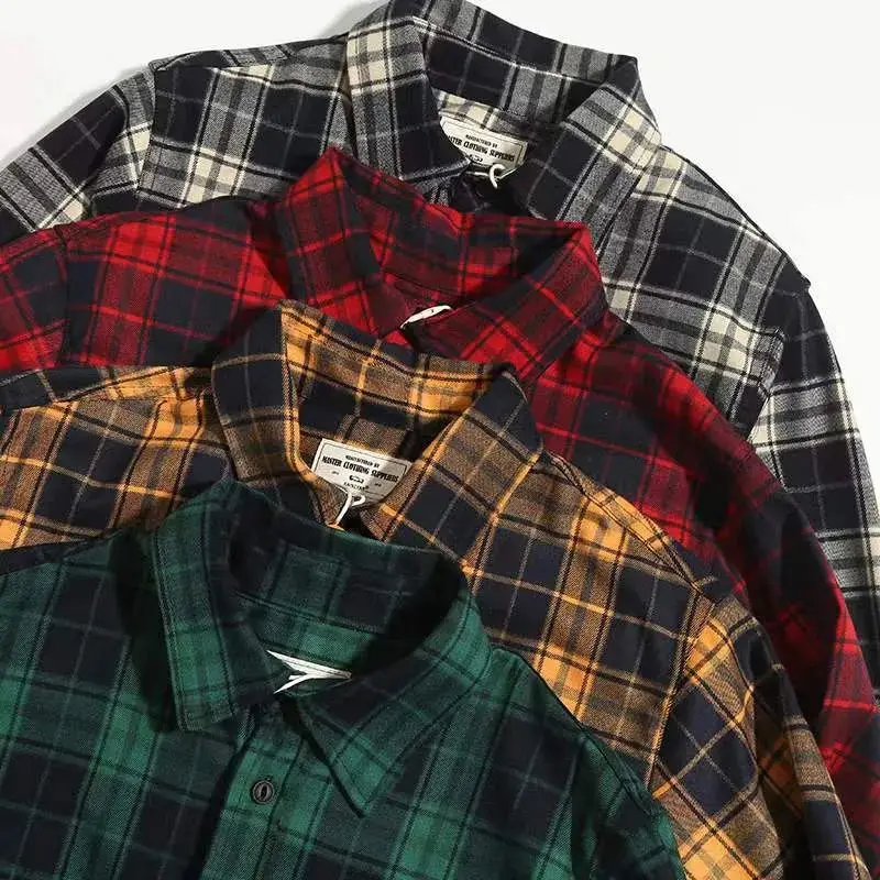 300gsm Heavyweight Check Shirts for Men Spring Autumn Long Sleeve Vintage Check Plaid Blouse 24ss Y2k Youth Male Amekaji Coats