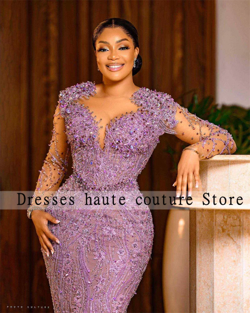 Aso Ebi African Purple Beaded Mermiad Evening Dresses 2025 Luxury Crystals Prom Dresses Customized Formal Wedding Paery Gown