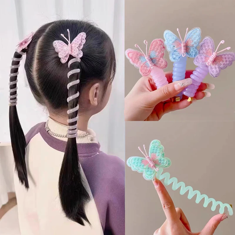 

2PC Children's Lovely Embroidered Butterfly Hair Ring Elastic Spiral Hair Rope Ponytail Hair Band Headwear For Kids