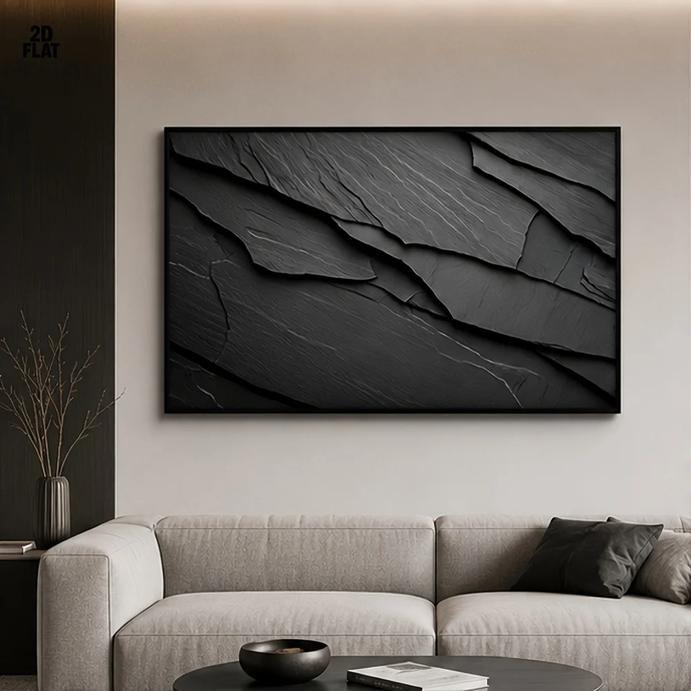 2D Flat Dark Grey Abstract Slate Stone Canvas Wall Art Unframed Modern Minimalist Texture Prints for Living Room & Bedroom Decor