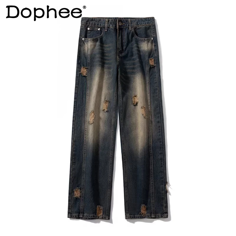 

Trendy Hole Jeans Men Women 2026 Spring Autumn Loose Versatile Denim Trousers Handsome Unique Chic Straight Comfort Denim Pants
