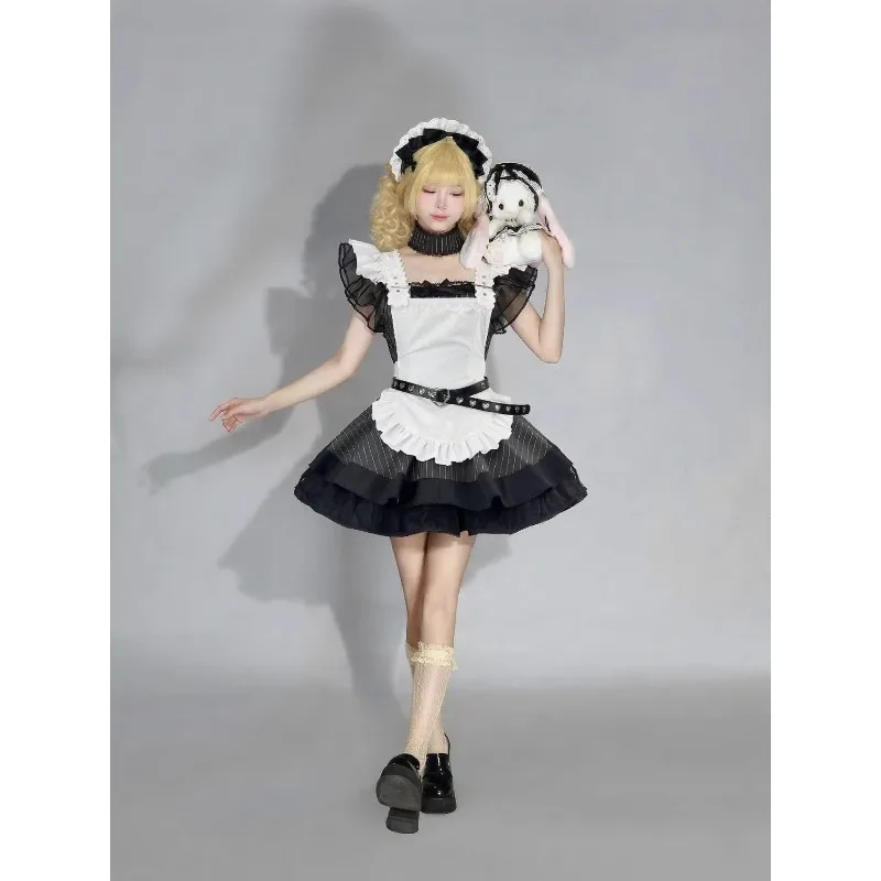 Vintage Elegant France Maid Cosplay Dress Japanese Subculture Short Sleeve Mesh Dress White Apron Black Dress Gown Vestidos Set - view 4