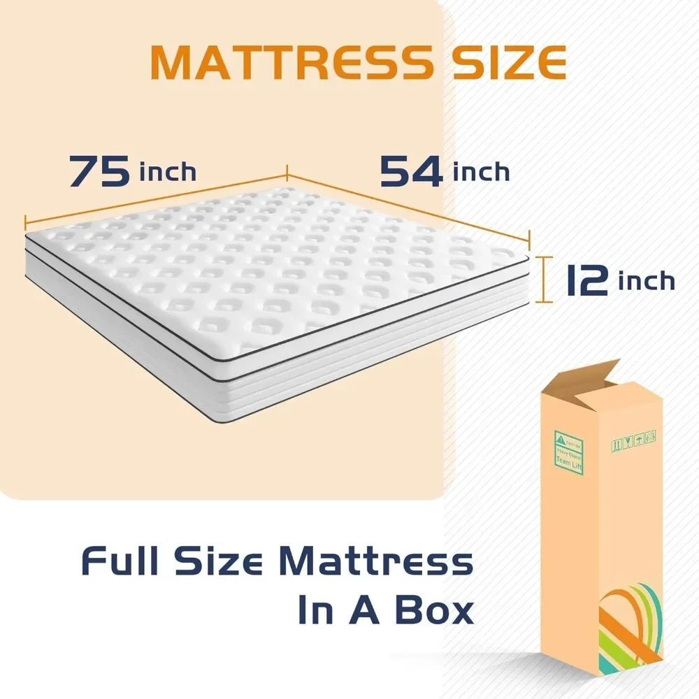 Matelas Hybride Complet de 12 Pouces, Moyen, Optimiste, Indépendant, à Ressort, Haute Perméabilité, Respectueux de la Peau