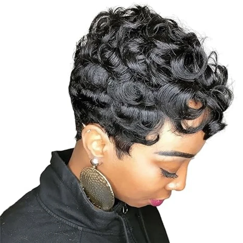 Short Pixie Wigs for Black Women Short Black Curly pixie Wigs Synthetic Hair Wigs for Black Women Natural Wavy Black pixie Cut