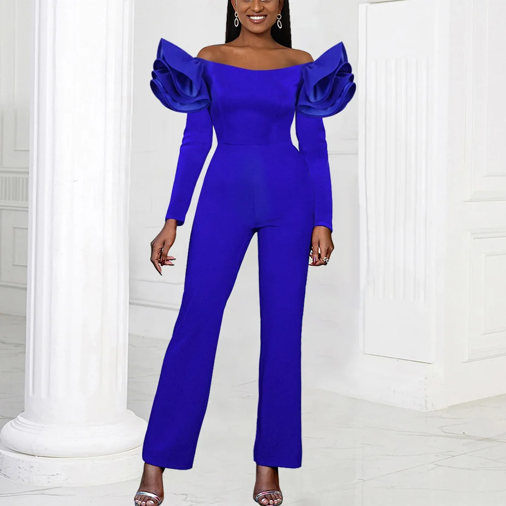 Luxury Blue Jumpsuits & Rompers for Women Off the Shoulder Ruffles Off the Shoulder Elegant Female Birthday Party Dinner Outfits