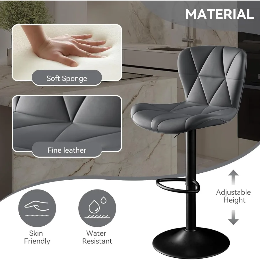 バースツール 4脚セット 調節可能な回転式バースツール カウンターハイトバースツール 背もたれ付き フェイクレザー キッチンアイランドバーチェア ダークG