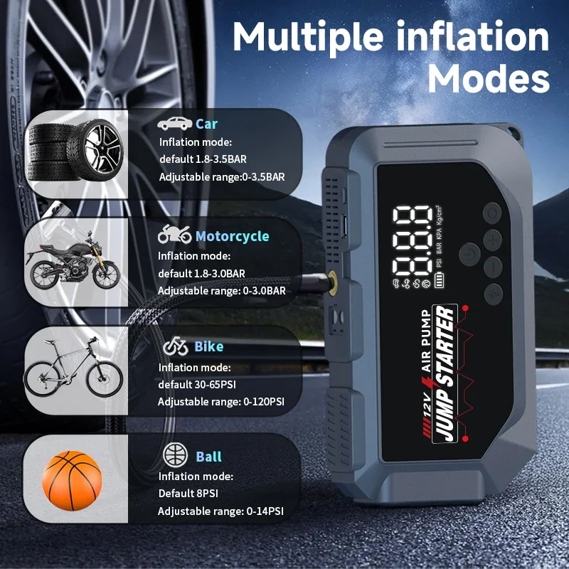Car Jump Starter With Tire Inflator Air Compressor Current 1500A 150 PSI Air Pump Car Battery Emergency Booster Starter Device