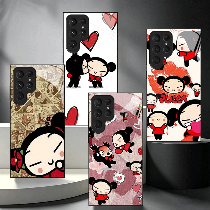 Cartoon Cute Pucca Garu Glass Phone Case for Samsung Galaxy S26 S25 S24 S23 Ultra Edge S22 S21 Plus S20 FE Shockproof Cover Shel