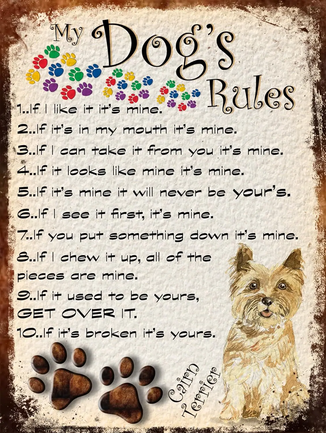Letrero/Placa Metálica de Estilo Retro con las Reglas de Mi Perro, Razas de Perros, 8; x 6; (Tema Cairn Terrier)