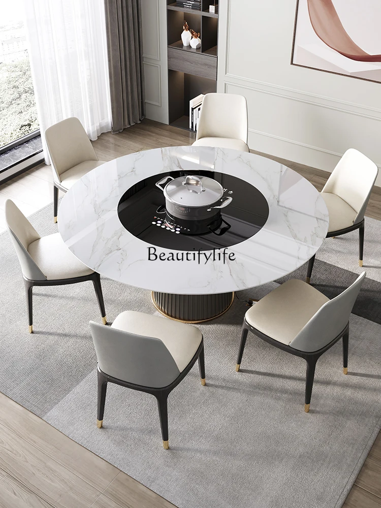 

Light luxury rock slab round dining table modern simple embedded intelligent induction cooker turntable