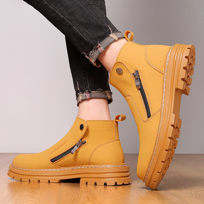 Classic Fashionable Mid Top Thick Soled Men Boots Autumn  Winter Double Zipper Warm Outdoor Anti Slip Motorcycle Boots（38-50）