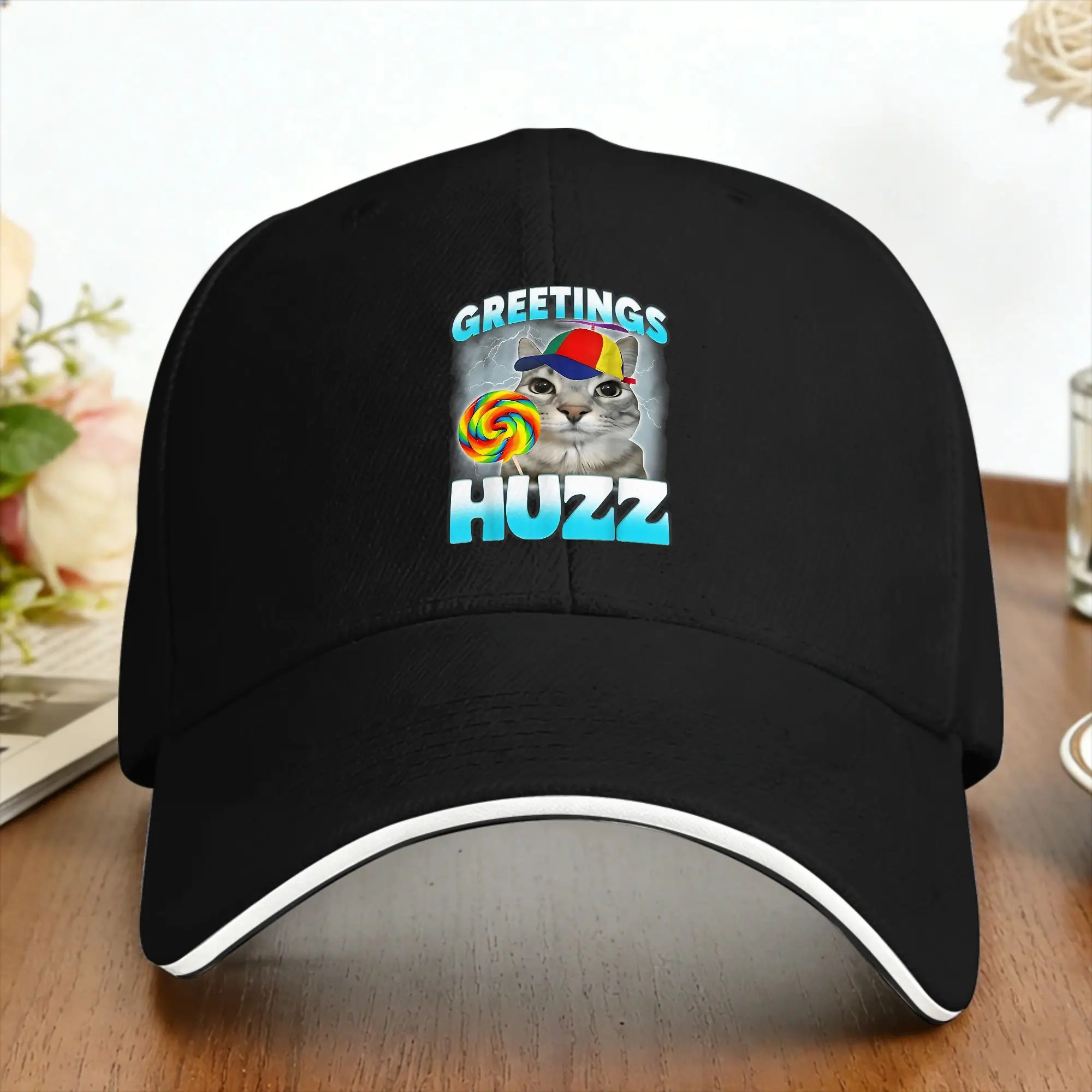 Casual Baseball Cap Greetings Huzz Cat Meme  Outdoor Sport Trucker Hat For Unisex Sunscreen Fashion Snapback Cap