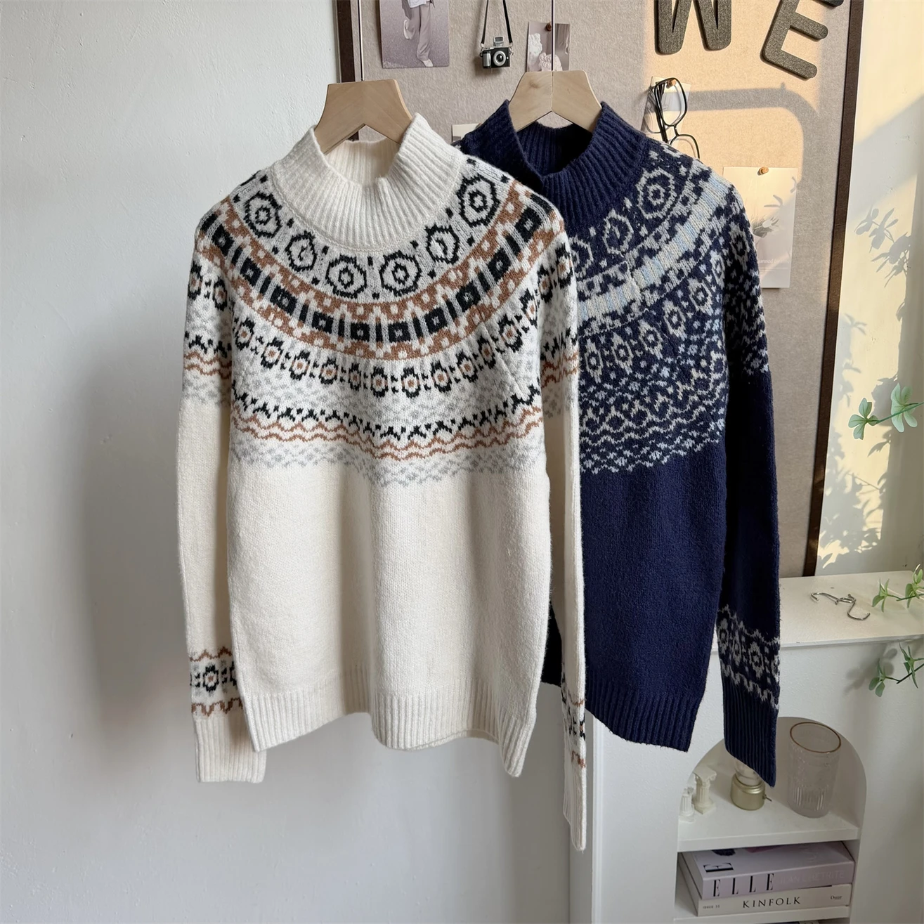 

Retro Floral Knit f High Collar Warm Sweater Fce Autumn Winter Women's Loose Fit Long Sve Sweater Commute Sle