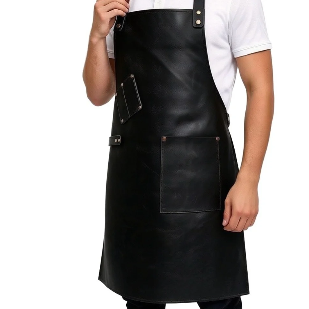 Grilling apron made from PU leather with oil-repelling finish and For watertight layer plus two pockets for quick item retrieval
