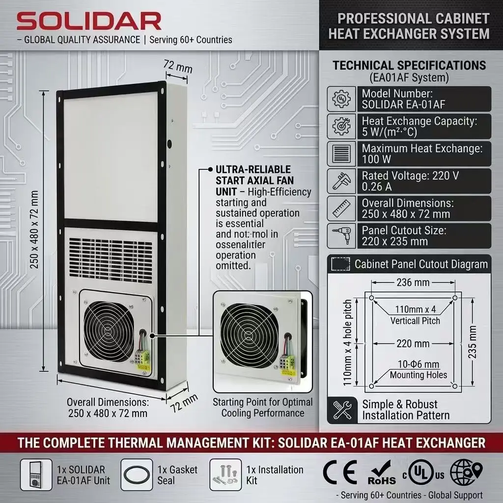 Professional Cabinet Heat Exchanger System 250x480x72mm 220V 0.26A 100W Thermal Management Unit Panel Mount CE RoHS