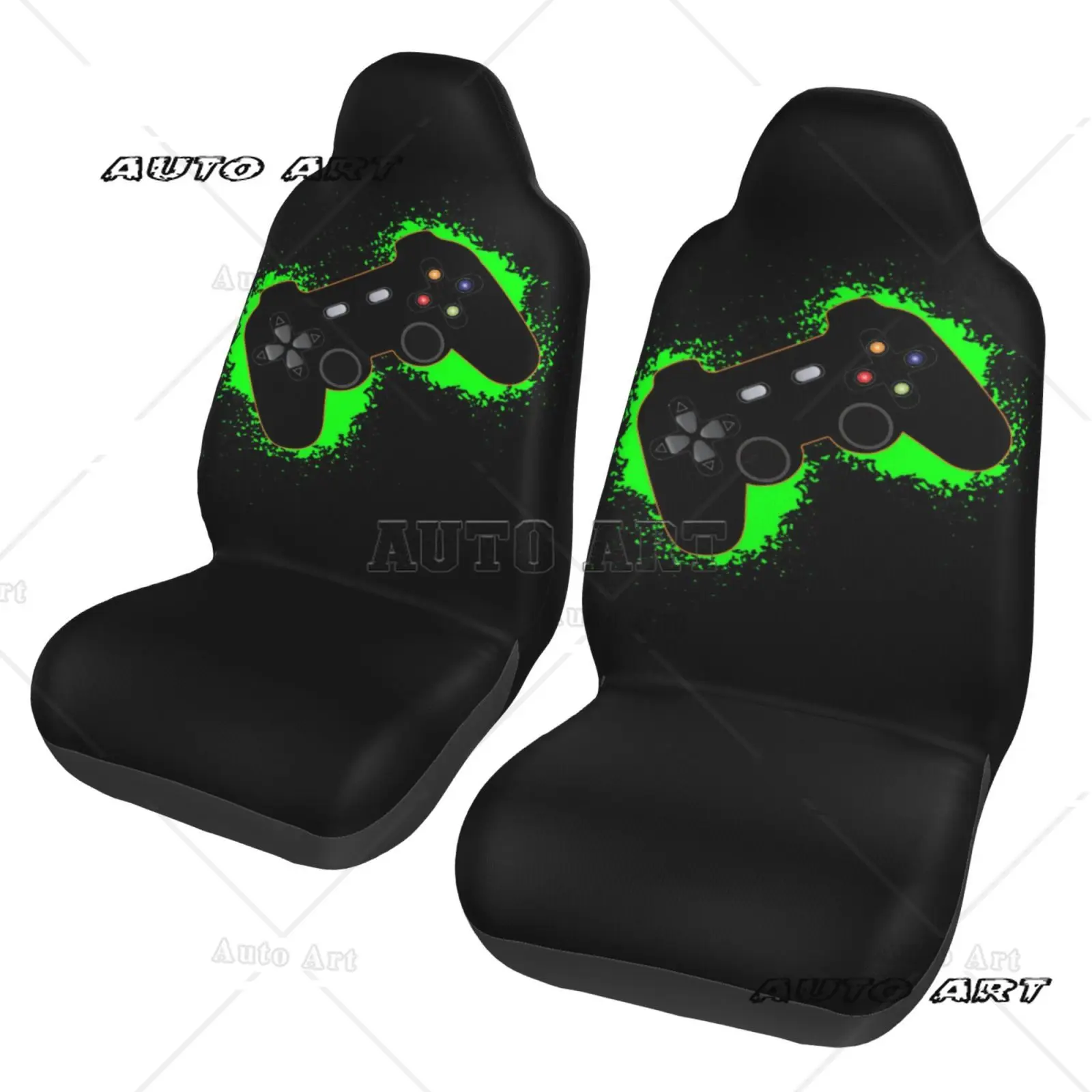 Green Black Gaming Controller Orange Outline Car Seat Cover 2pcs Printing Universal Front Protector Accessories Cushion Set