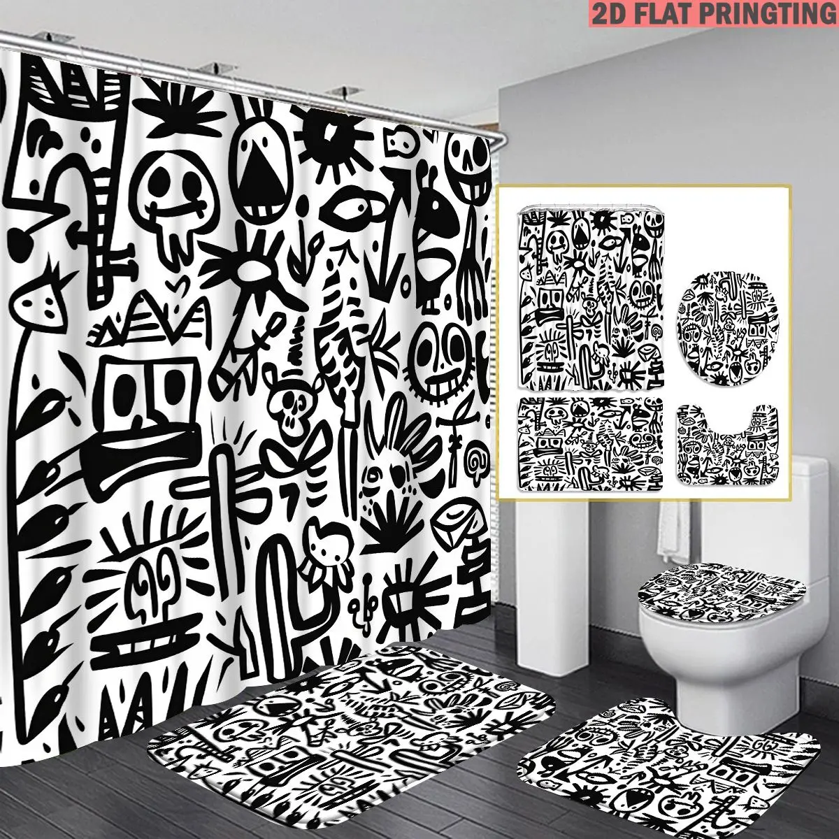 1pc/4pcs Shower Curtain and Bath Mat Set with Print Pattern Abstract Black and White Doodle Art Pattern Non-Slip Bathroom Decor