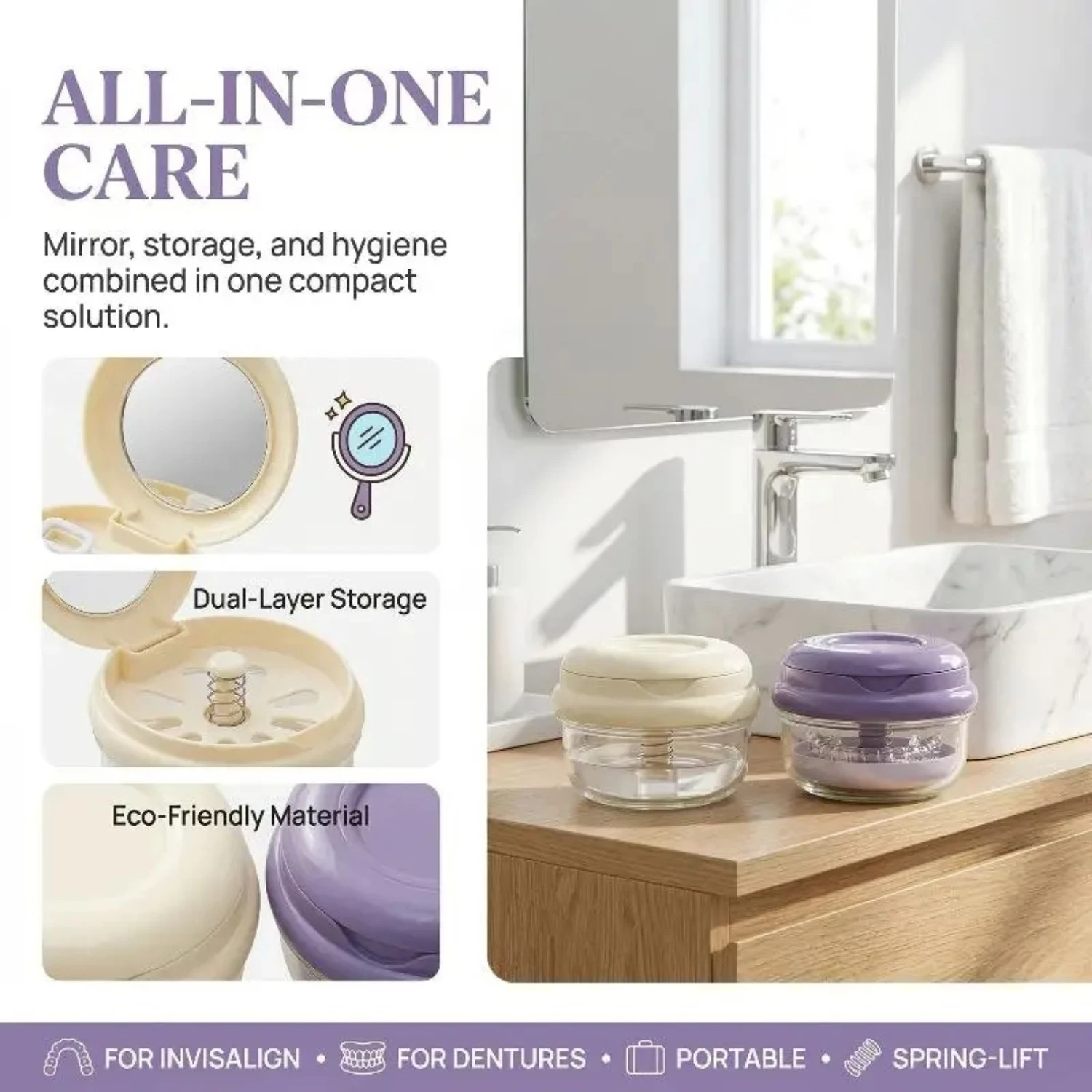 Denture Case 2 In 1 Retainer Cleaning Case No-Leak Denture Bath Box Cup For Dentures Clear Braces Mouth Guard For Travel Outdoor