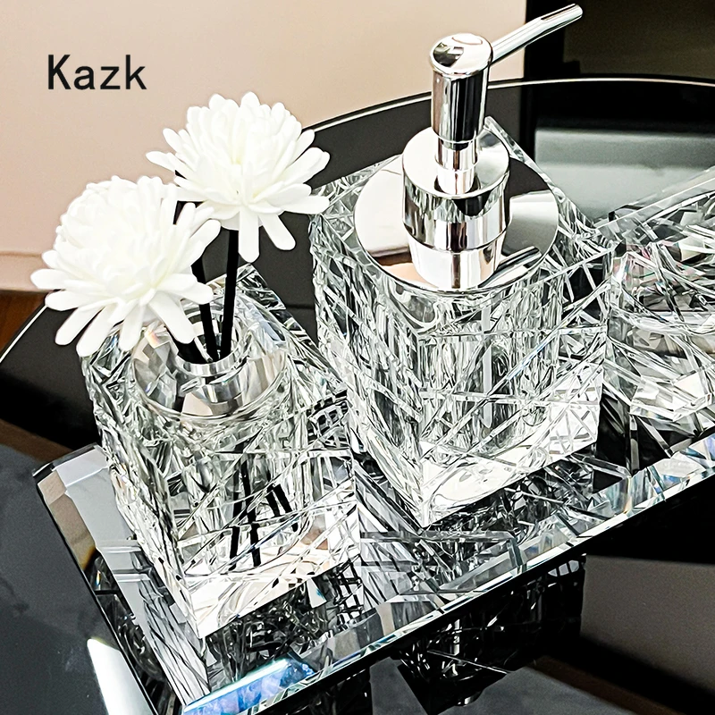 Light Luxury Crystal Bathroom Accessories High End Hotel Cutting Style Glass Toothbrush Holder Home Lotion Bottle Storage Tray