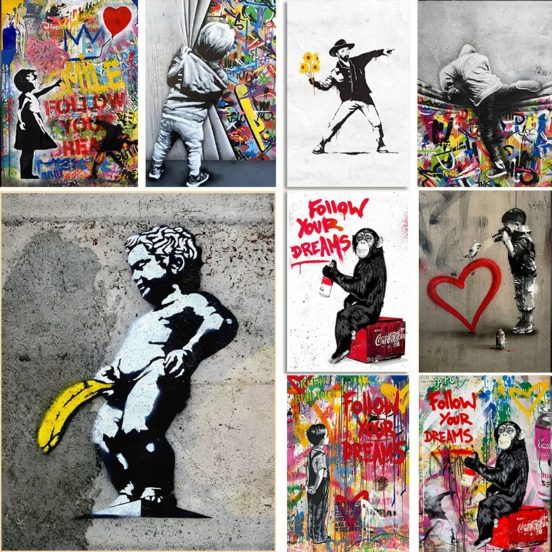 Affiches d'art murales amusantes avec Graffiti de rue, imprimés sur toile, ballon Banksy, fille, enfant, banane, singe, décor de maison pour chambre d'enfant