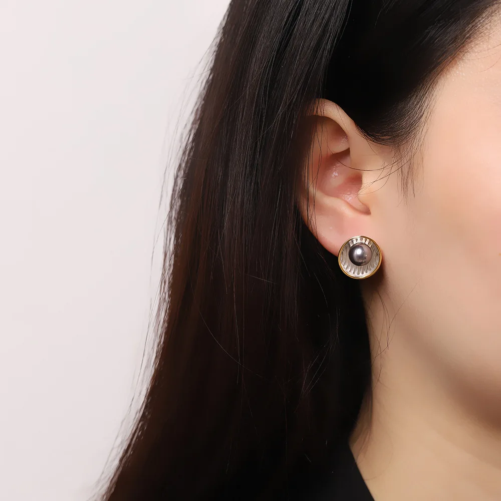 Stunning Bowl Designer Processed Shell Pearls Studs Earrings for Women Real 925 Sterling Silver French Elegant Dress Jewelry