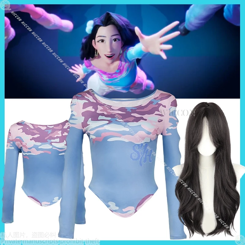 Huntrix Kpop Dämon Anime Senior Celine Cosplay Kostüm Sexy Gemusterte Dehnbare Yoga Langarm Hohl Top Lange Perücken Halloween