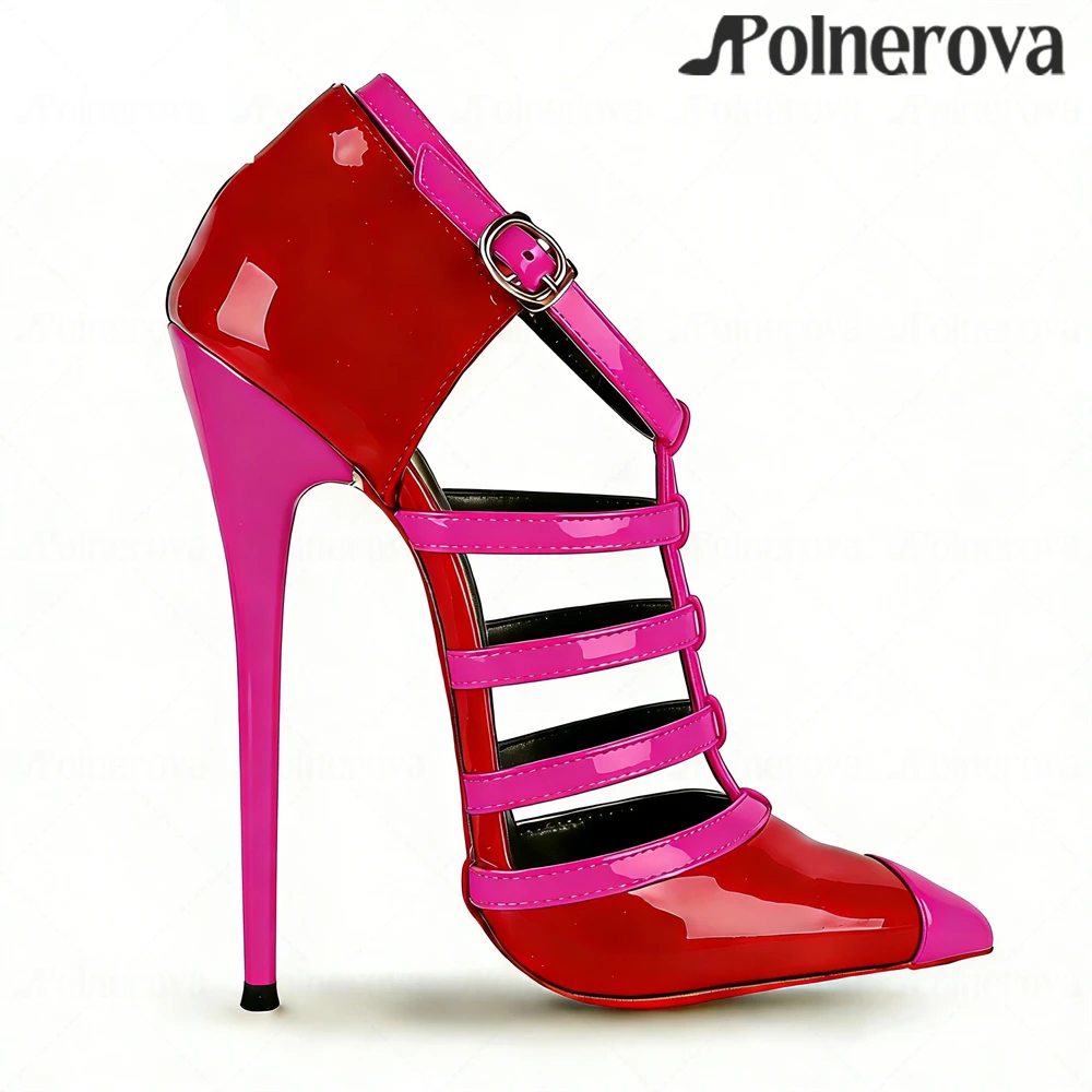 

Red Patent Leather Color Blocking Pumps Sexy Style Pointed-Toe Cage Heels 16cm Lacquered Heel Women's Stiletto Shoes Custom Size