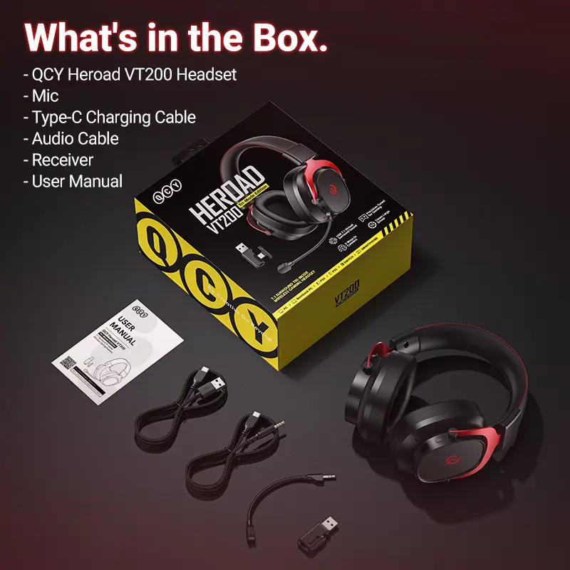 QCY Heroad VT200 Wireless Gaming Headset Detach Mic Over Ear Headphone Tri-Mode 7.1 Surround Sound for PC/PS4/PS5 Headset Gamer - 6