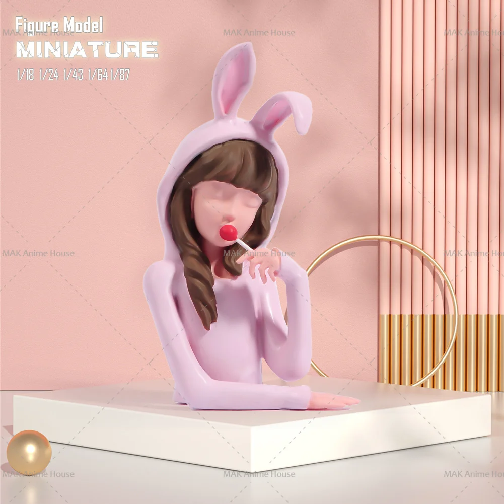 Miniatures Figures 1/87 1/64 1/43 1/24 1/18 Cute Bunny Eared Girl Eating Lollipops Model Creative Photography Scene Dolls Toys