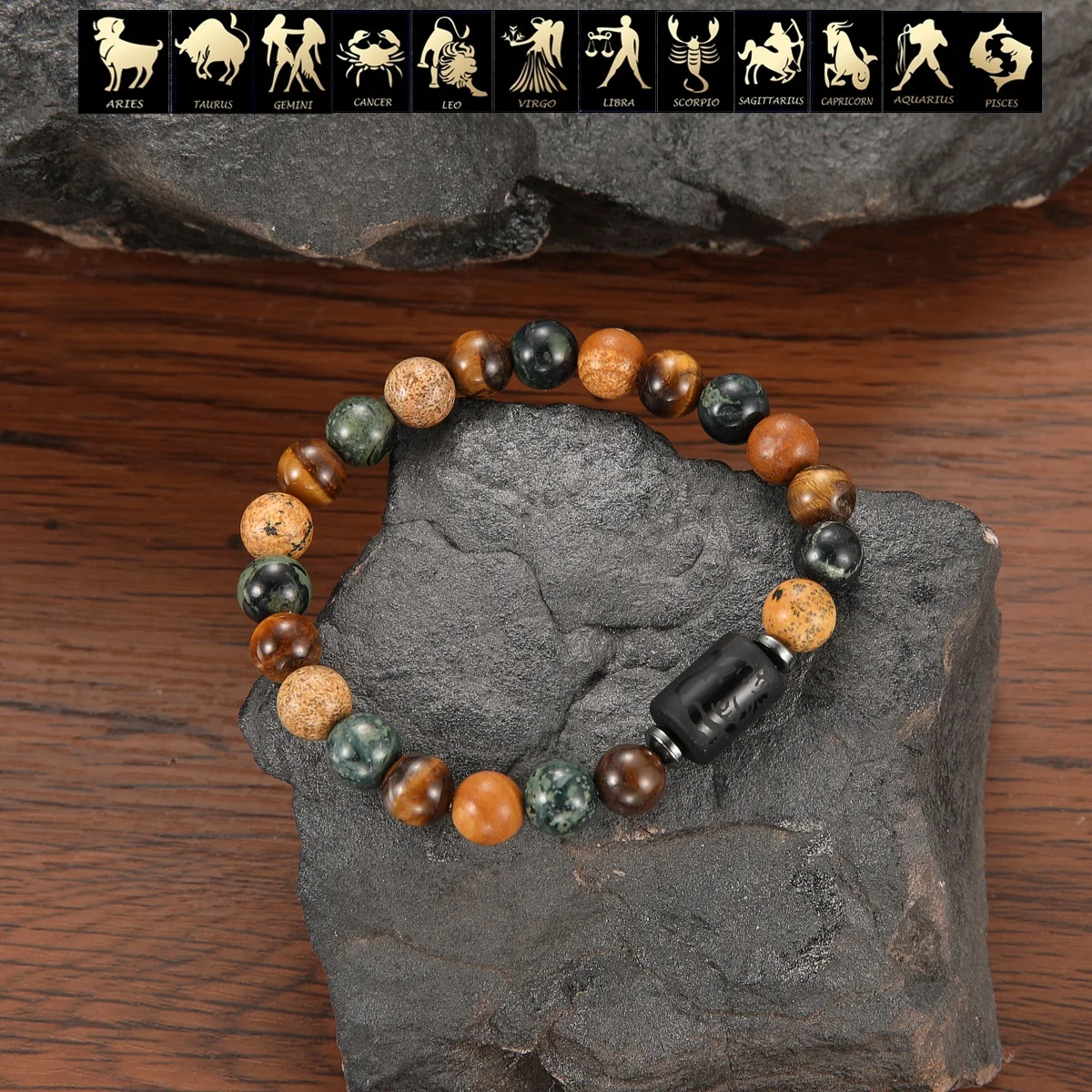 Natural Stone Tiger Eye Picture Jasper Round Beads 12 Constellation Bracelet for Men and Women