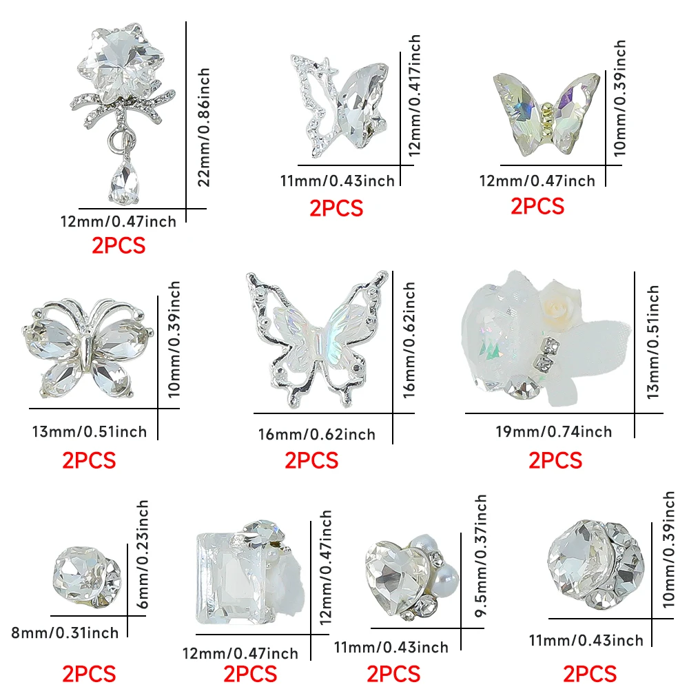 3D helder kristal vlinder steentjes nail art charmes 20 stuks gemengde metalen vlinders bloem bungelen diamant nagel edelstenen nagel ambachten
