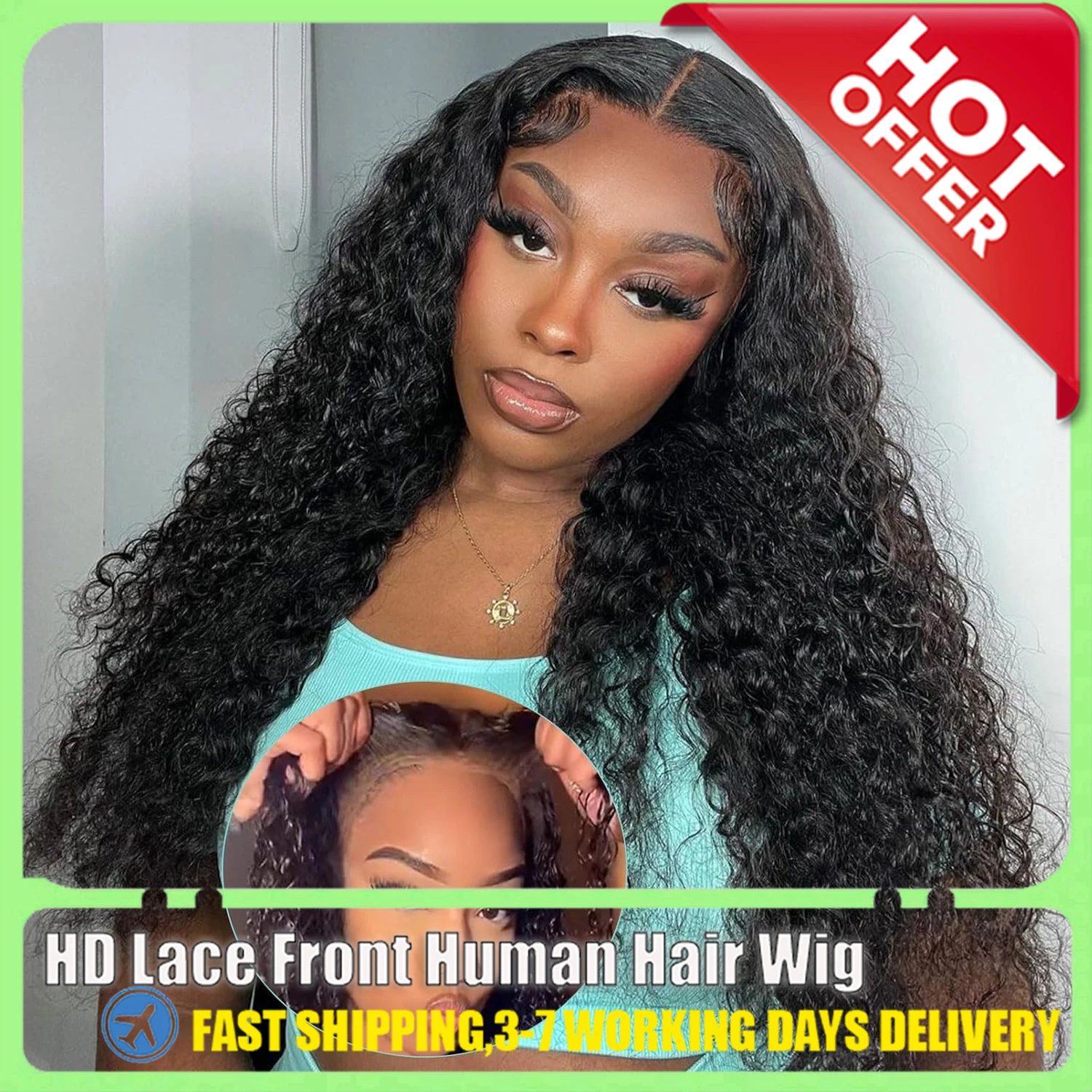 Onda Profunda Peruca Dianteira Do Laço, Cabelo Humano, Transparente Lace Frontal Peruca, Pré Arracadas com o Cabelo Do Bebê, Cor Preta Natural, 180 Densidade, 13x4