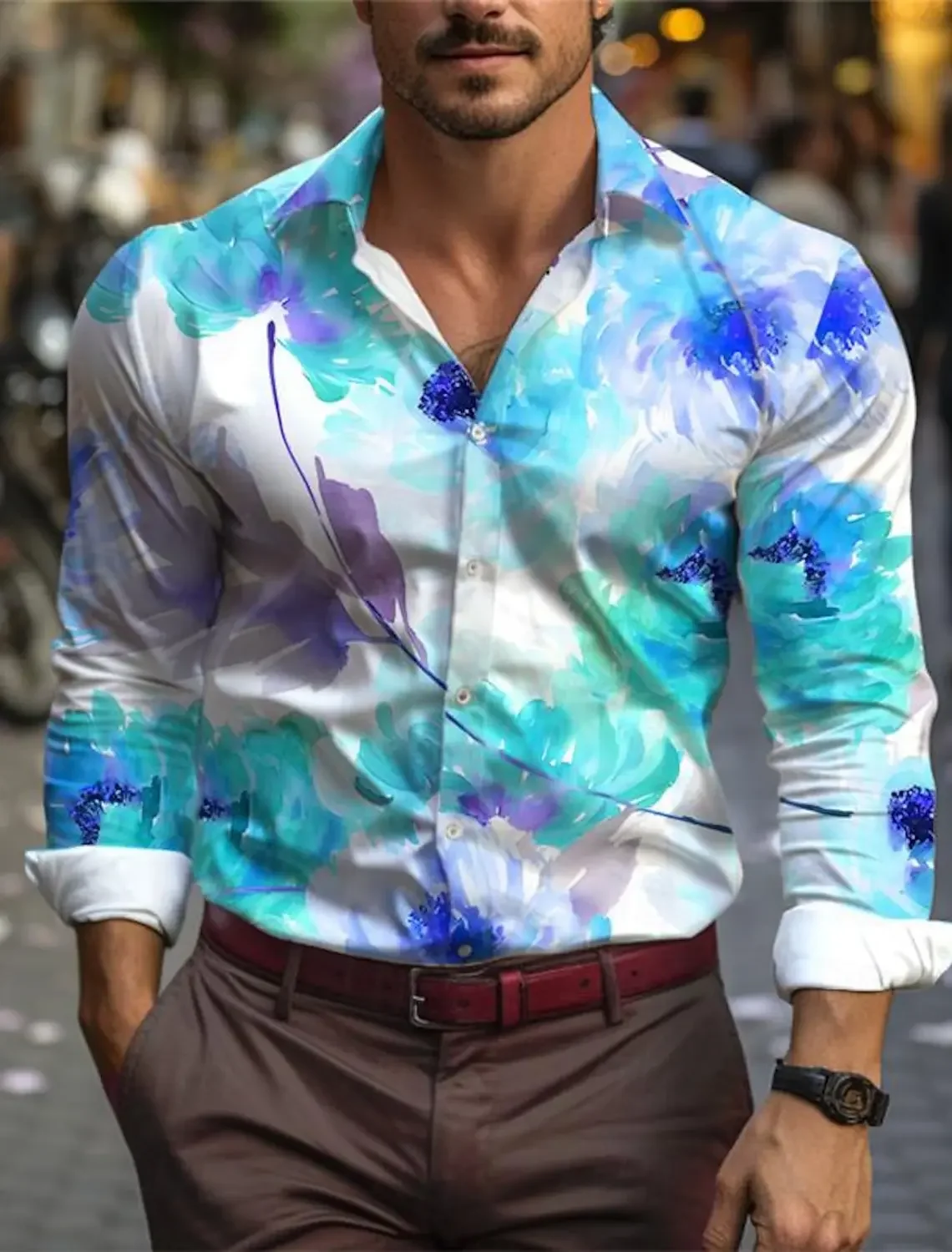 2024 Rose Floral Men's Casual 3D Printed Shirt Daily Wear Going out Spring Turndown Long Sleeve 4-Way Stretch Fabric Shirt