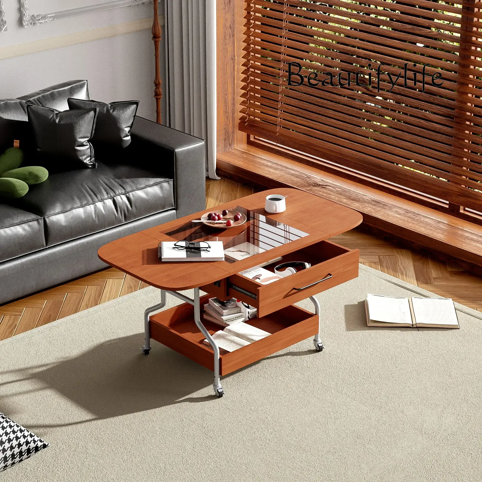 Modern Extended Coffee Table with Wheels, with 1 Drawer and 2-Tier Storage, Metal Frame Wood Coffee Table