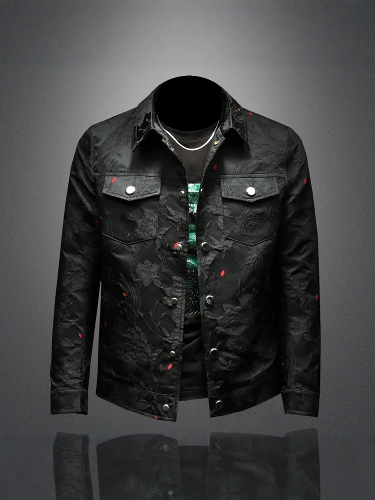 

Men's Embroidered Floral Jacket Casual Turn-down Collar Long Sleeve Spring Autumn Fashionable Korean Style Polyester Fiber
