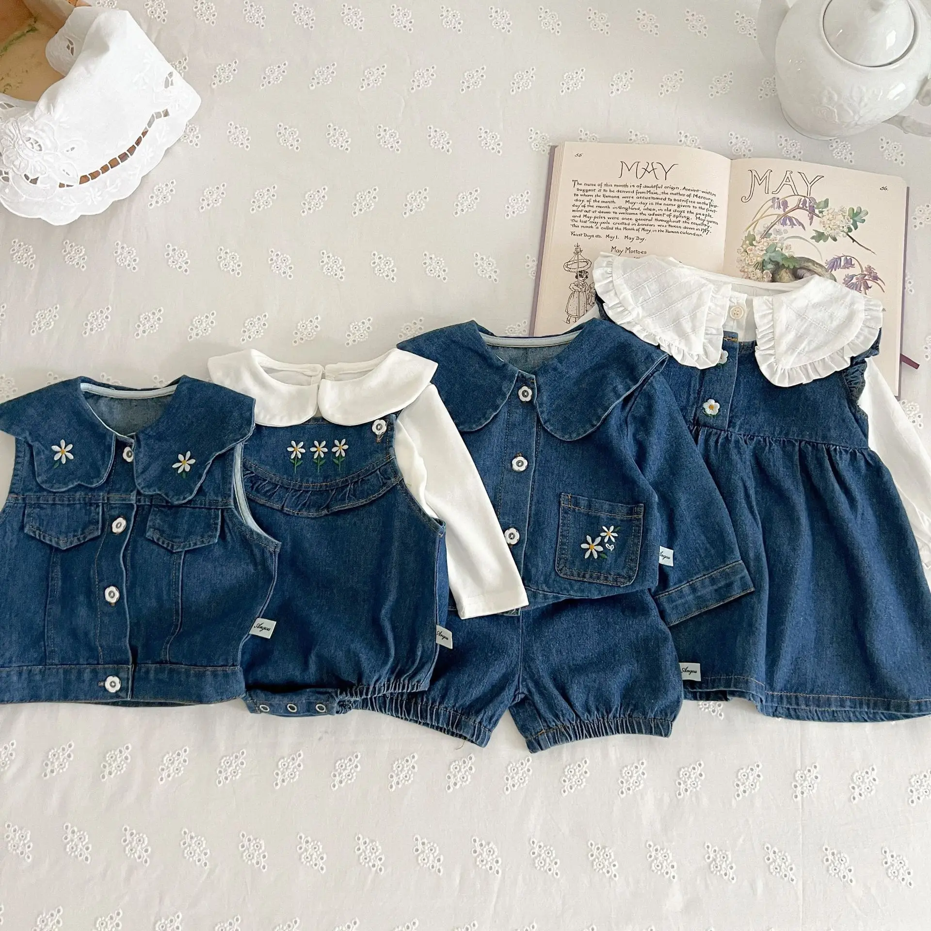 2024 Korean Autumn Baby Girls 3PCS Clothes Set Cotton Long Sleeve Tops Denim Coat Rompers Vest Jeans Suit Toddler Girls Outfits