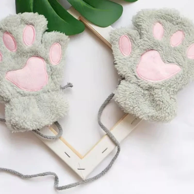 Winter Warm Fingerless Gloves Lovely Sweet Bear Paw Thickened Plush Half Finger Glove Multicolor Fluffy Soft Cat Claw Mittens