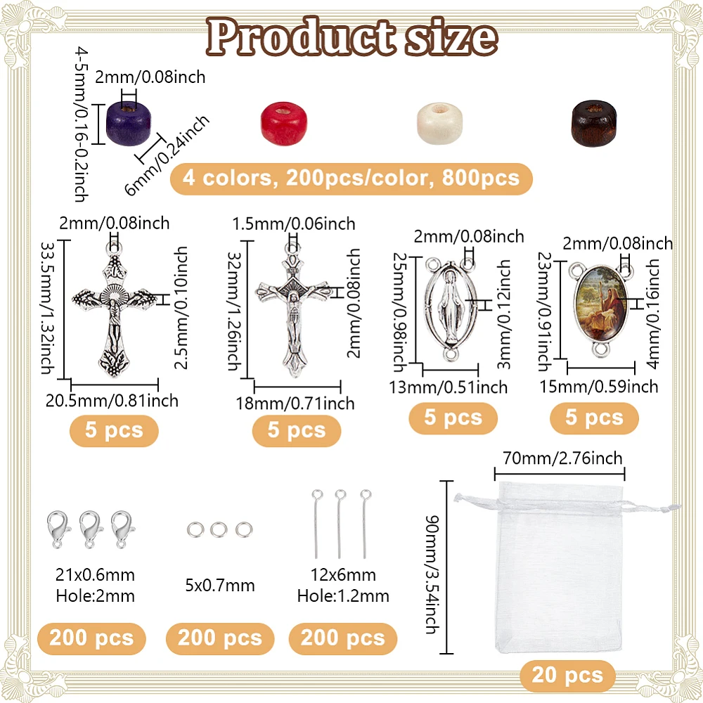 1240pcs Wooden Bead Rosary Necklace Making Kit Wood Beads Making Set Including Wood Beads Alloy Pendant Link Clasps Iron