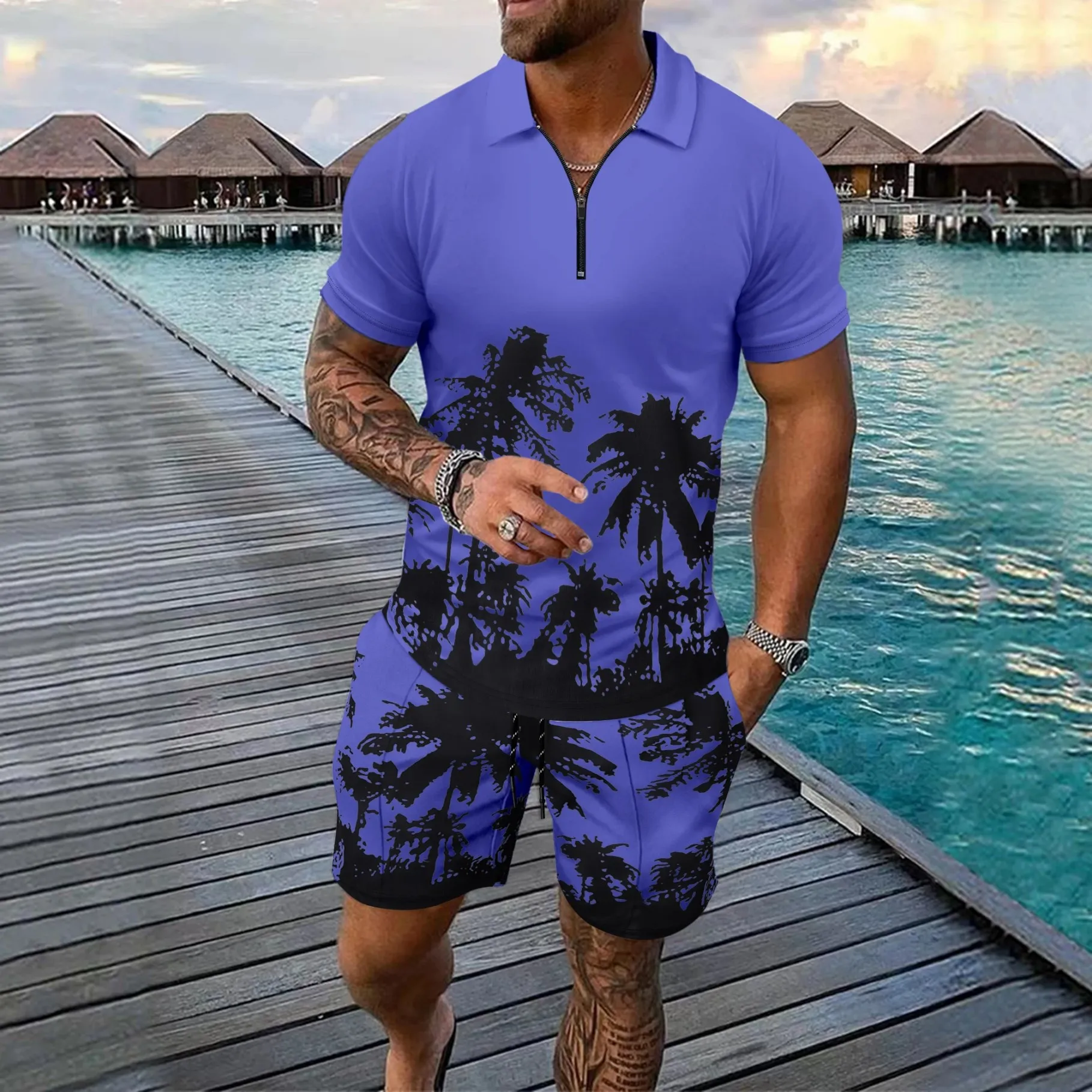 3D Coconut Tree Print Men's Short Sleeve Set Fashion Zipper Polo Shirt + Hawaiian Shorts 2 Piece Outfit Summer Casual Loose Suit
