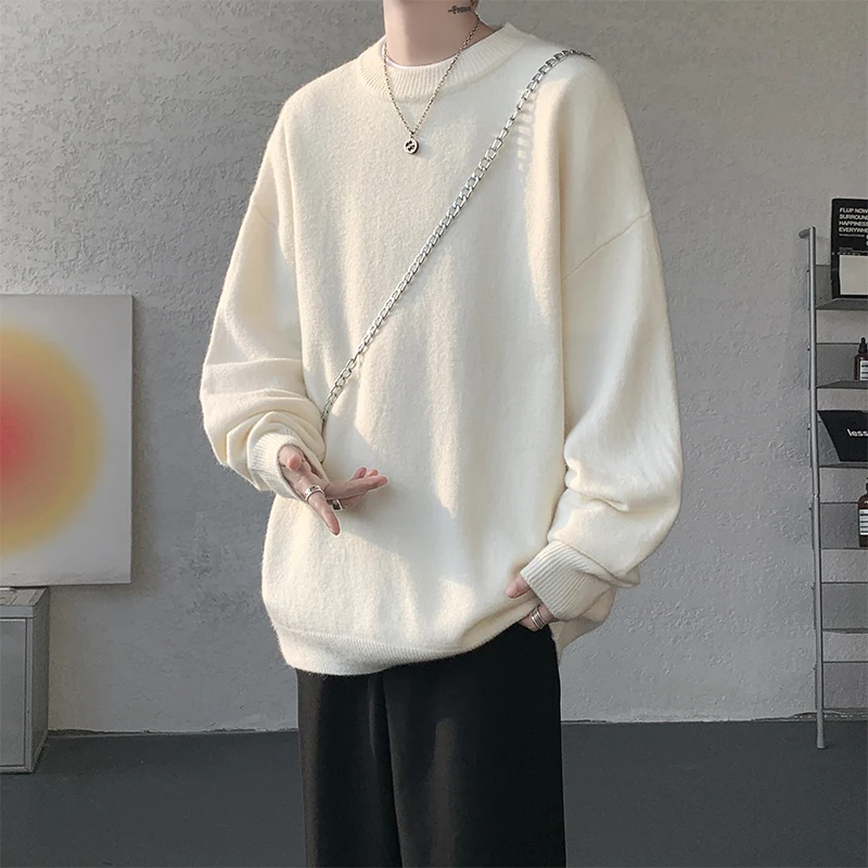 الخريف سترة سوداء الرجال الدافئة موضة عادية البيج بلوفر مغزول الرجال الكورية فضفاضة طويلة الأكمام سترة رجالي البلوز الملابس #1