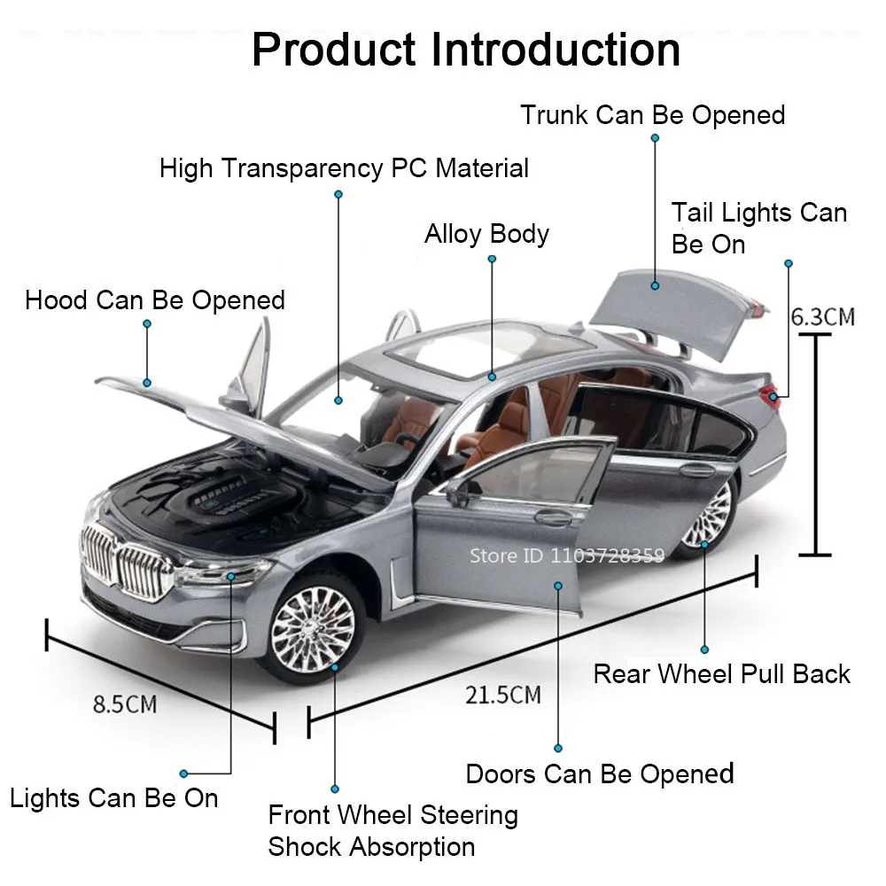 Escala 1:24 m8 760li modelo de carro em miniatura brinquedos liga diecast som luz roda dianteira direção puxar para trás para meninos brinquedos educativos